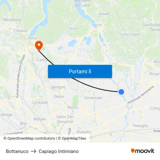Bottanuco to Capiago Intimiano map