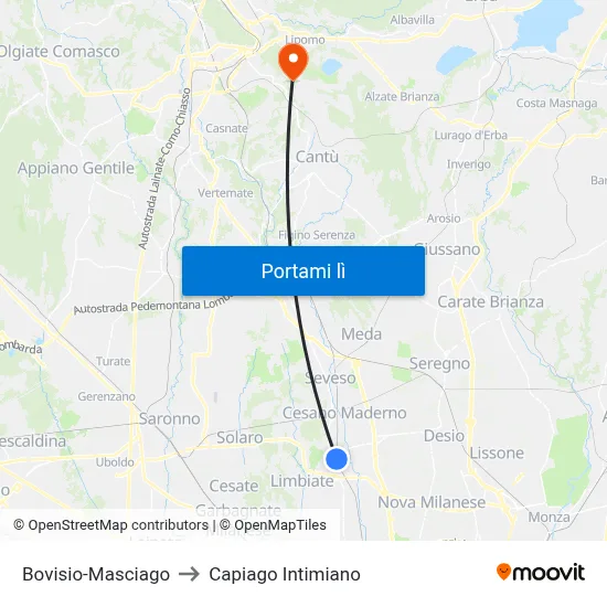 Bovisio-Masciago to Capiago Intimiano map