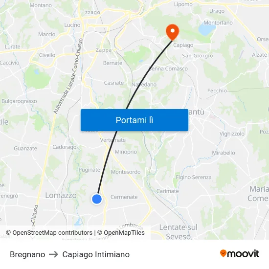 Bregnano to Capiago Intimiano map