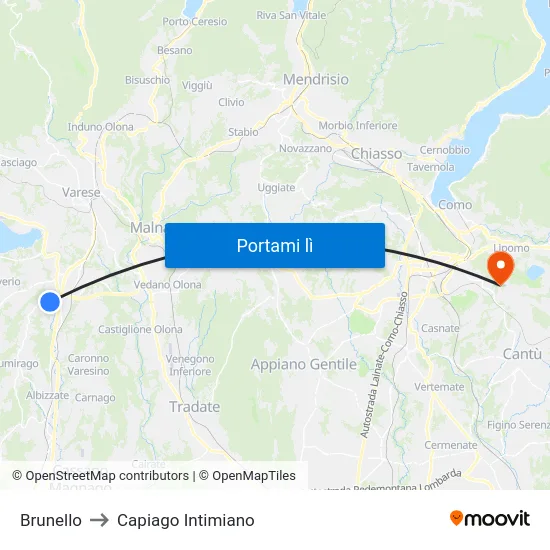 Brunello to Capiago Intimiano map