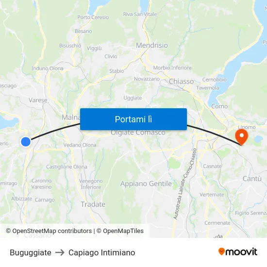 Buguggiate to Capiago Intimiano map