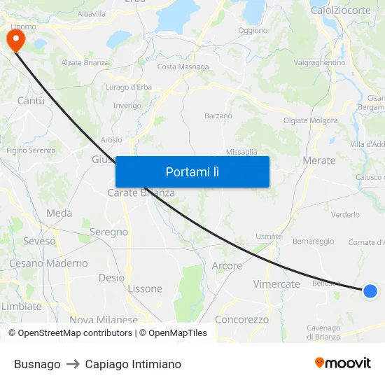 Busnago to Capiago Intimiano map