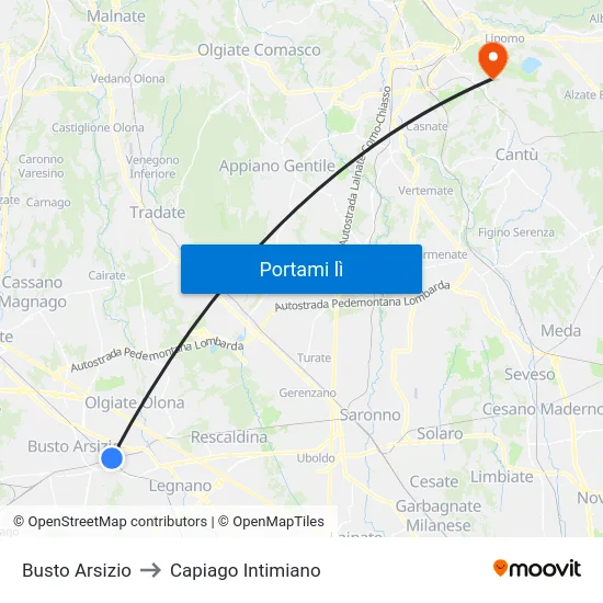 Busto Arsizio to Capiago Intimiano map