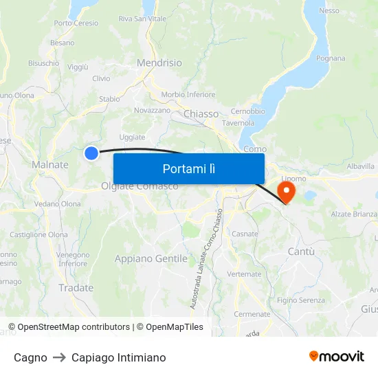 Cagno to Capiago Intimiano map