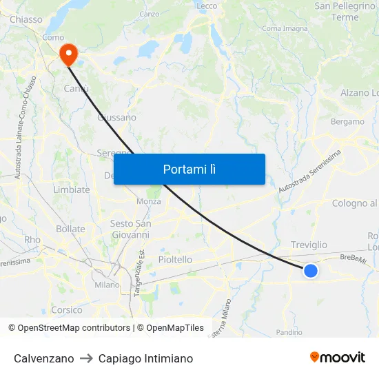 Calvenzano to Capiago Intimiano map