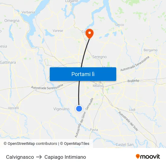 Calvignasco to Capiago Intimiano map