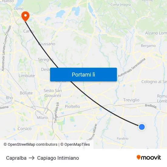 Capralba to Capiago Intimiano map