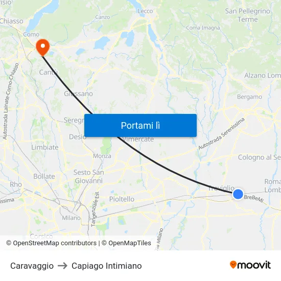 Caravaggio to Capiago Intimiano map