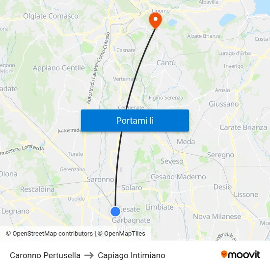 Caronno Pertusella to Capiago Intimiano map