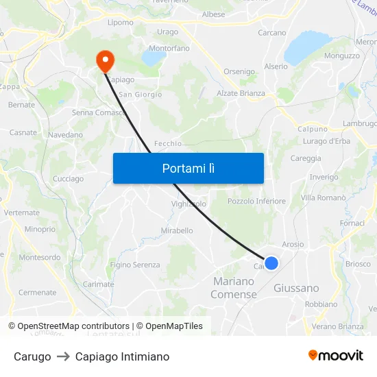 Carugo to Capiago Intimiano map