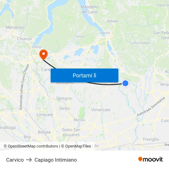 Carvico to Capiago Intimiano map