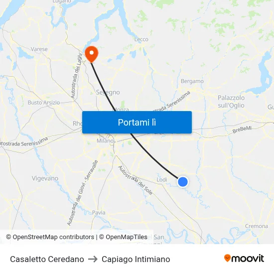 Casaletto Ceredano to Capiago Intimiano map
