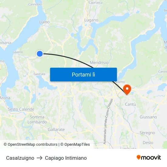 Casalzuigno to Capiago Intimiano map