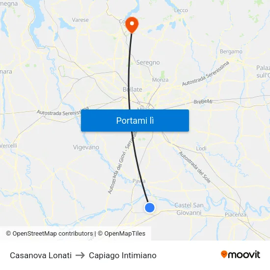 Casanova Lonati to Capiago Intimiano map