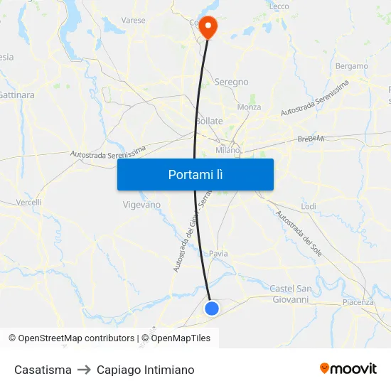 Casatisma to Capiago Intimiano map