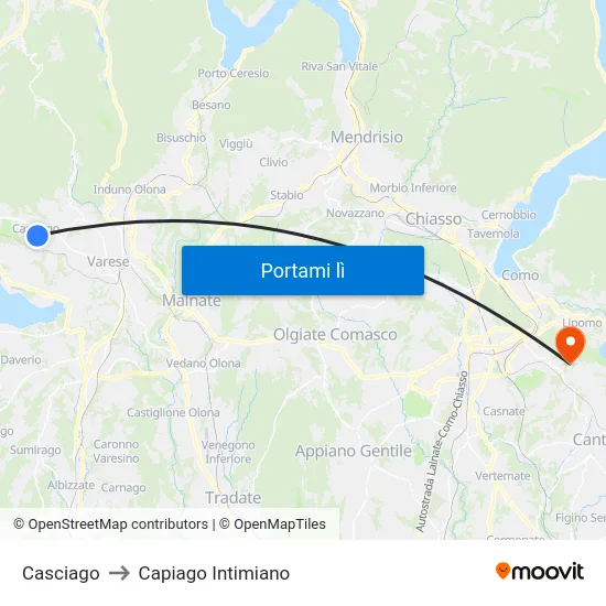 Casciago to Capiago Intimiano map