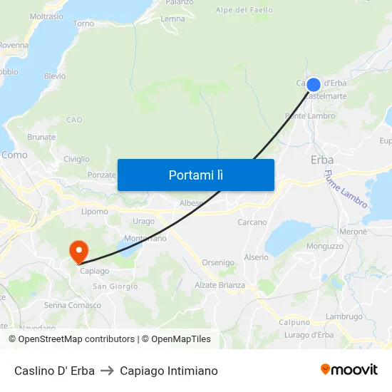 Caslino D' Erba to Capiago Intimiano map