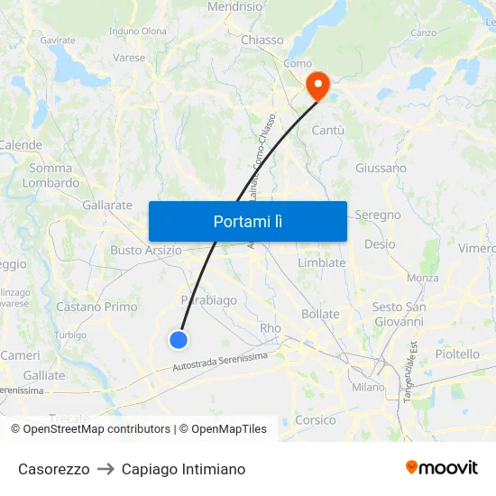 Casorezzo to Capiago Intimiano map