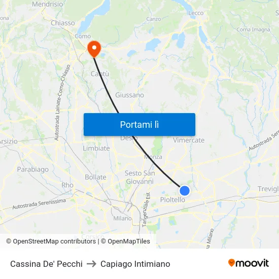 Cassina De' Pecchi to Capiago Intimiano map