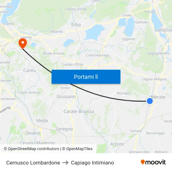 Cernusco Lombardone to Capiago Intimiano map