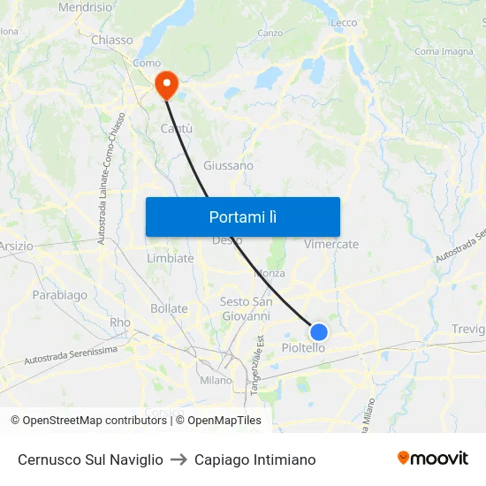 Cernusco Sul Naviglio to Capiago Intimiano map