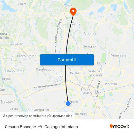 Cesano Boscone to Capiago Intimiano map