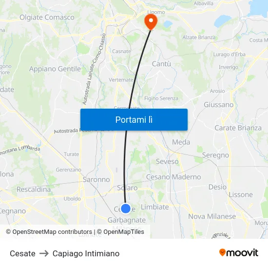 Cesate to Capiago Intimiano map