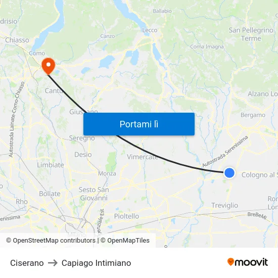 Ciserano to Capiago Intimiano map