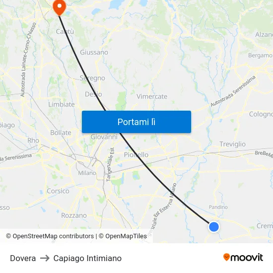 Dovera to Capiago Intimiano map