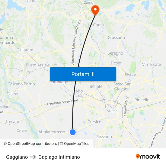 Gaggiano to Capiago Intimiano map