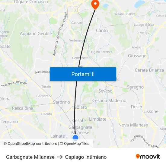 Garbagnate Milanese to Capiago Intimiano map