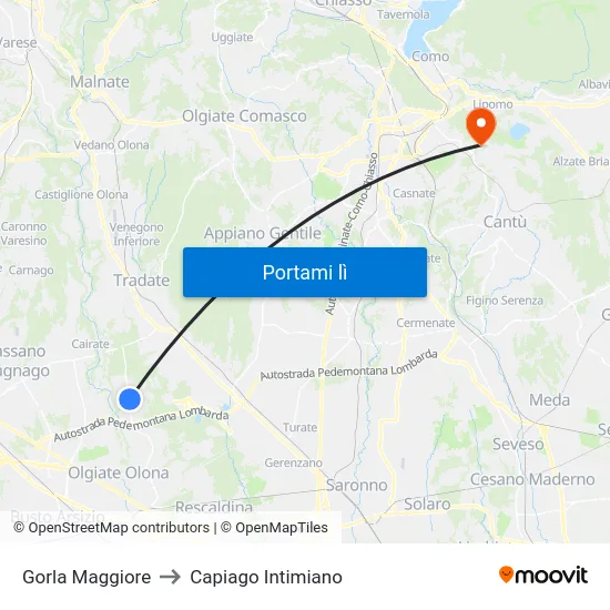 Gorla Maggiore to Capiago Intimiano map
