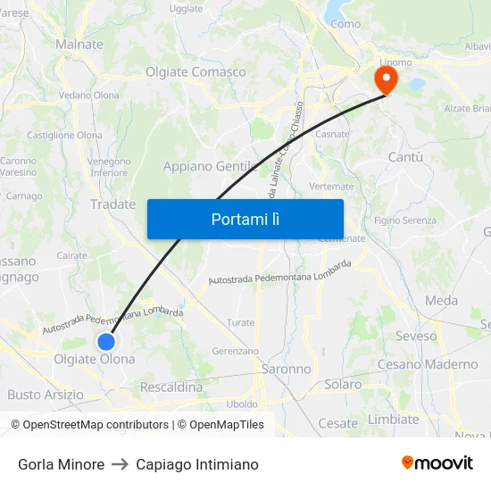 Gorla Minore to Capiago Intimiano map