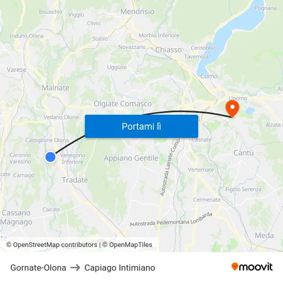 Gornate-Olona to Capiago Intimiano map