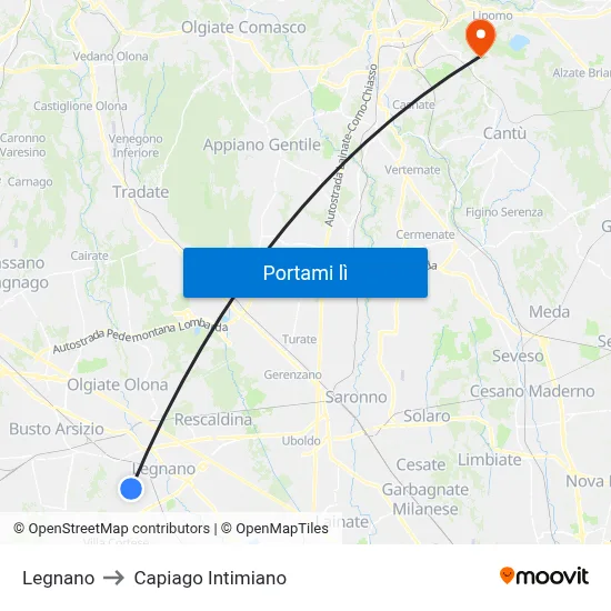 Legnano to Capiago Intimiano map