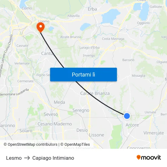 Lesmo to Capiago Intimiano map