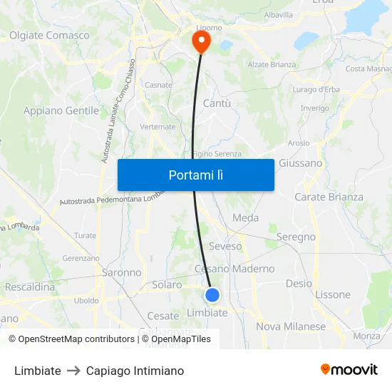 Limbiate to Capiago Intimiano map