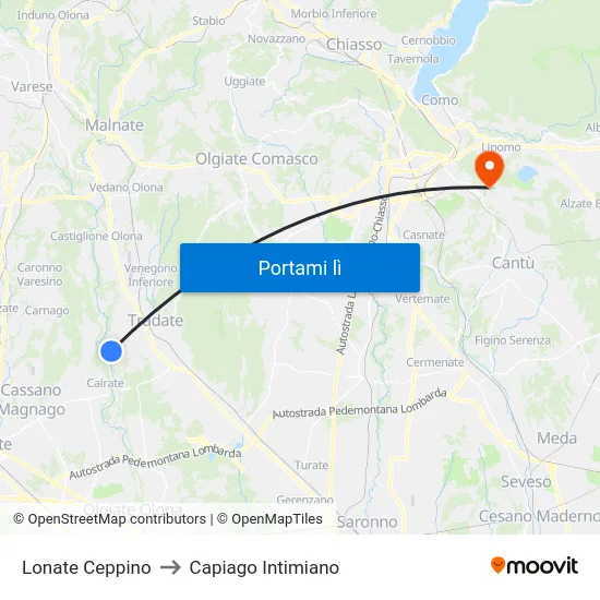 Lonate Ceppino to Capiago Intimiano map