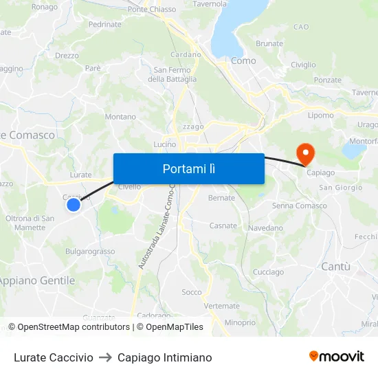 Lurate Caccivio to Capiago Intimiano map