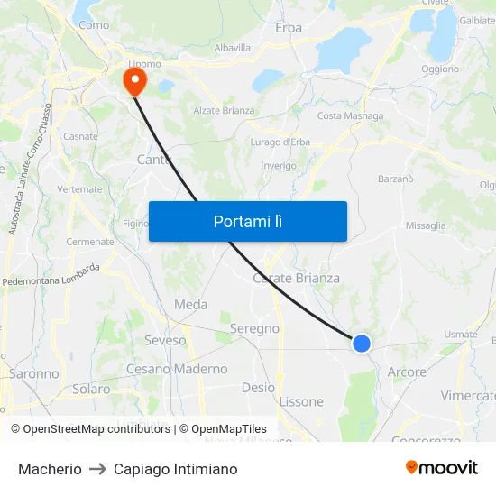 Macherio to Capiago Intimiano map