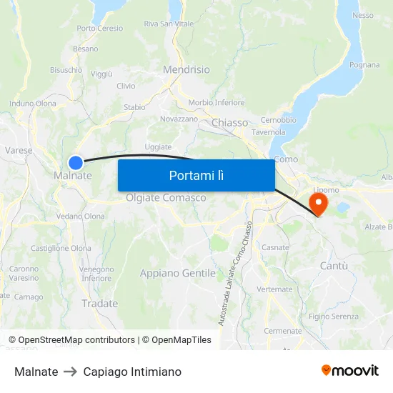 Malnate to Capiago Intimiano map