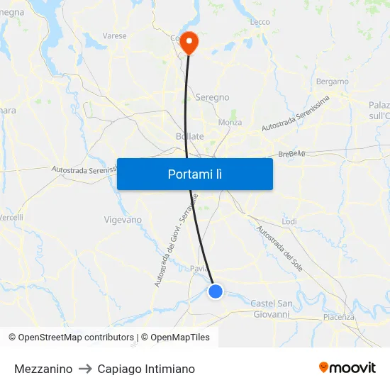 Mezzanino to Capiago Intimiano map