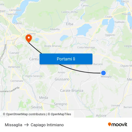 Missaglia to Capiago Intimiano map