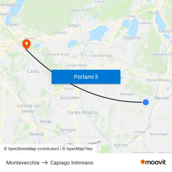 Montevecchia to Capiago Intimiano map