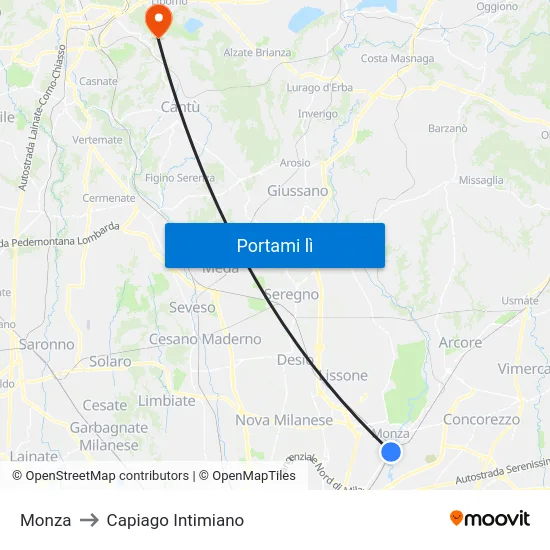 Monza to Capiago Intimiano map