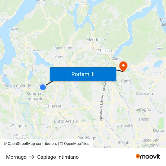 Mornago to Capiago Intimiano map