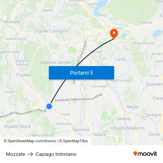 Mozzate to Capiago Intimiano map