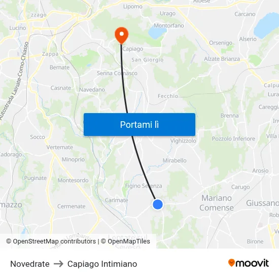 Novedrate to Capiago Intimiano map