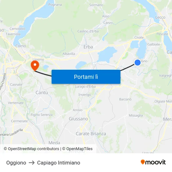Oggiono to Capiago Intimiano map