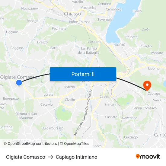 Olgiate Comasco to Capiago Intimiano map